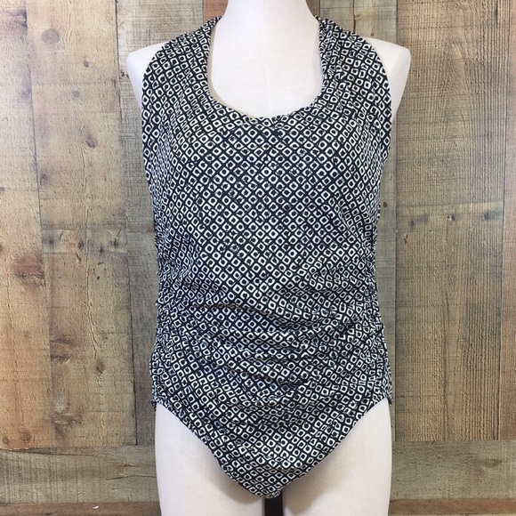 Lands End Black Monogram Print One Piece Swimsuit Womens 16 Underwire Halter - Picture 1 of 14